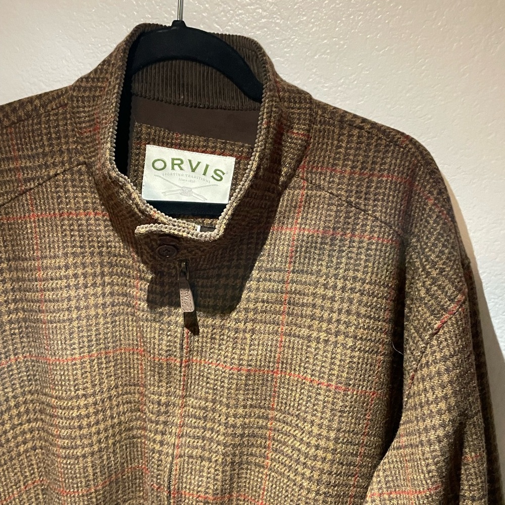 Orvis Vtg Wool Brown Check Plaid Bomber Jacket XL Corduroy Collar Houndstooth - Picture 6 of 8